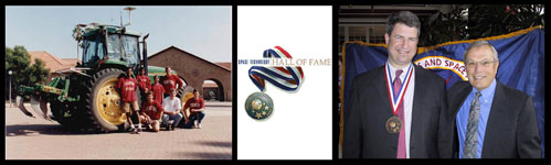 (Left) Stanford GP-B/GPS graduate students ~1994; (Center) The Space Technology Hall of Fame medal; (Right) Clark Cohen, founder of Novariant Corp. and Brad Parkinson, Father of GPS and Co-Principal Investigator of GP-B