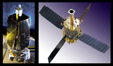 Checking the GP-B solar arrays on the spacecraft at Lockheed Martin & solar arrays deployed on a scale model of the spacecraft