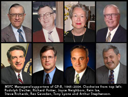 Photos of MSFC program managers and GP-B supporters. Clockwise from top left: Rudolph Decher, Richard Potter, Joyce Neighbors, Rein Ise, Steve Richards, Rex Geveden, Tony Lyons and Arthur Stephenson.