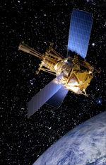 Composiite photo showing a scale model of the GP-B spacecraft in orbit.